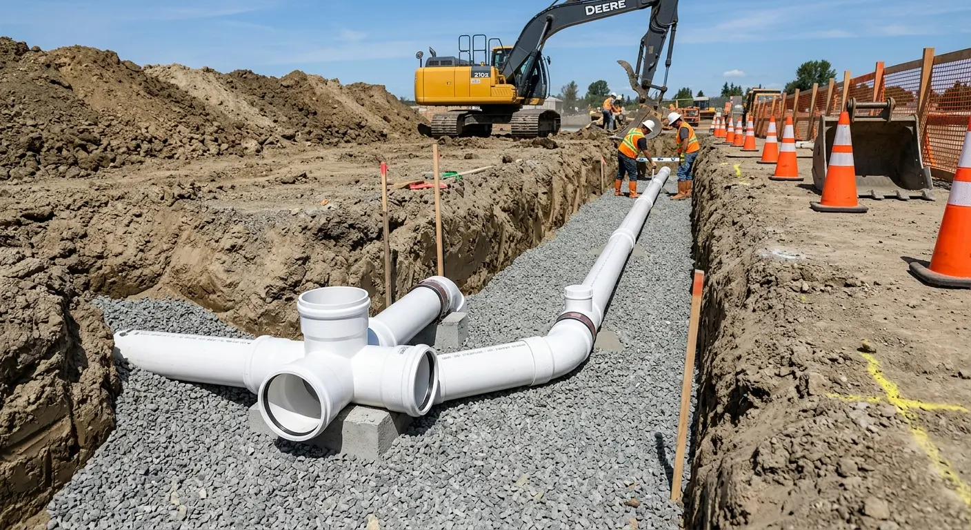 New PVC sewer pipe installation in open trench for Sewer Backup in Sienna