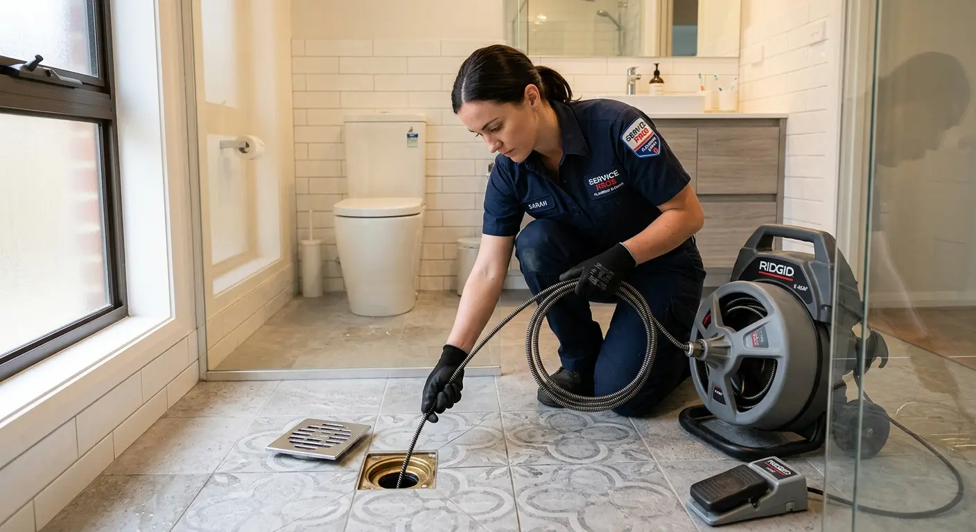 Technician clearing a bathroom floor drain for Drain Cleaning in Sienna